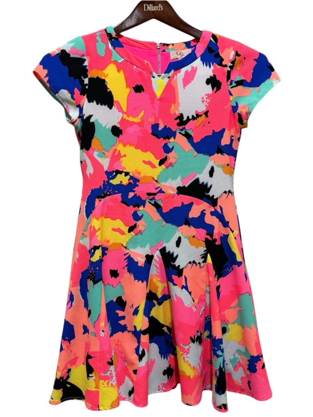 GB Girls Abstract Fit Flare Dress Girls Size 14 Neon Pink Multi Short Sleeve